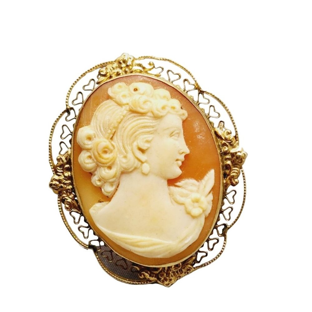 Vintage 14kt Filigree Shell Cameo Pendant Brooch (A965)